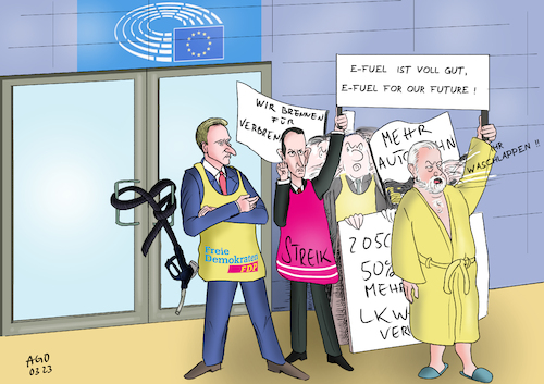 Cartoon: FDP bestreikt die EU (medium) by Ago tagged fdp,freie,demokraten,lindner,parteichef,verkehrsminister,wissing,kubicki,eu,parlament,brüssel,verbot,verbrenner,verbrennungsmotoren,2035,obstruktion,entscheidung,vertagung,klimapolitik,umweltschutz,befürworter,efuel,synthetische,kraftstoffe,ausbau,autobahnen,güterverkehr,straße,klientelpolitik,autoindustrie,koalitionsstreit,grüne,spd,streik,ausstand,politik,caricature,karikatur,cartoon,pressezeichnung,illustration,ago,agostino,natale,fdp,freie,demokraten,lindner,parteichef,verkehrsminister,wissing,kubicki,eu,parlament,brüssel,verbot,verbrenner,verbrennungsmotoren,2035,obstruktion,entscheidung,vertagung,klimapolitik,umweltschutz,befürworter,efuel,synthetische,kraftstoffe,ausbau,autobahnen,güterverkehr,straße,klientelpolitik,autoindustrie,koalitionsstreit,grüne,spd,streik,ausstand,politik,caricature,karikatur,cartoon,pressezeichnung,illustration,ago,agostino,natale