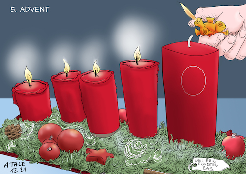 Cartoon: Fünfter Advent (medium) by Ago tagged corona,virus,covid,neunzehn,pandemie,vierte,welle,hohe,inzidenzen,steigende,auslastung,intensivstationen,neue,mutation,omikron,boostern,dritte,impfung,vorziehen,fünfte,düstere,prognosen,weihnachten,adventskranz,kerzen,politik,caricature,karikatur,cartoon,pressezeichnung,illustration,tale,agostino,natale,corona,virus,covid,neunzehn,pandemie,vierte,welle,hohe,inzidenzen,steigende,auslastung,intensivstationen,neue,mutation,omikron,boostern,dritte,impfung,vorziehen,fünfte,düstere,prognosen,weihnachten,adventskranz,kerzen,politik,caricature,karikatur,cartoon,pressezeichnung,illustration,tale,agostino,natale