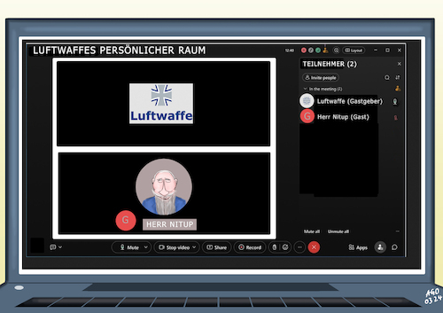 Cartoon: Gasthörer (medium) by Ago tagged deutschland,bundeswehr,luftwaffe,offiziere,videokonferenz,internet,geheimdienste,russland,putin,abhörfall,leck,mangelnde,sicherheit,sensible,informationen,kompromittierung,regierung,kanzler,scholz,lieferung,taurus,krieg,ukraine,nato,eu,politik,caricature,karikatur,cartoon,pressezeichnung,illustration,ago,agostino,natale,deutschland,bundeswehr,luftwaffe,offiziere,videokonferenz,internet,geheimdienste,russland,putin,abhörfall,leck,mangelnde,sicherheit,sensible,informationen,kompromittierung,regierung,kanzler,scholz,lieferung,taurus,krieg,ukraine,nato,eu,politik,caricature,karikatur,cartoon,pressezeichnung,illustration,ago,agostino,natale