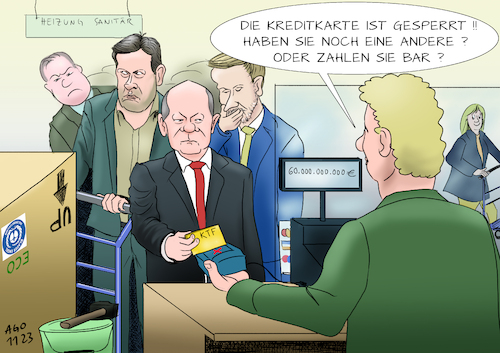 Cartoon: Gesperrt (medium) by Ago tagged bundesverfassungsgericht,urteil,verfassungswidrig,haushalt,umschichtung,coronahilfen,klimafond,ktf,klimapolitik,umweltschutz,bundesregierung,ampelkoalition,kanzler,scholz,habeck,lindner,spd,grüne,fdp,milliardenloch,blamage,häme,opposition,einkauf,kreditkarte,peinlich,politik,caricature,karikatur,cartoon,pressezeichnung,illustration,ago,agostino,natale,bundesverfassungsgericht,urteil,verfassungswidrig,haushalt,umschichtung,coronahilfen,klimafond,ktf,klimapolitik,umweltschutz,bundesregierung,ampelkoalition,kanzler,scholz,habeck,lindner,spd,grüne,fdp,milliardenloch,blamage,häme,opposition,einkauf,kreditkarte,peinlich,politik,caricature,karikatur,cartoon,pressezeichnung,illustration,ago,agostino,natale