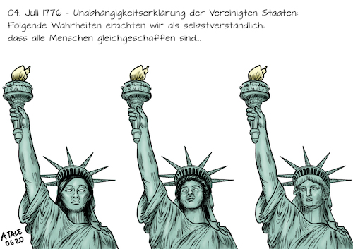 Cartoon: Gleichgeschaffen (medium) by Ago tagged usa,vereinigte,staaten,amerika,rassismus,polizeigewalt,präsident,donald,trump,mangelnde,distanzierung,aufwiegler,feuer,schüren,drohungen,militäreinsatz,eskalation,demonstrationen,proteste,weltweit,black,lives,matter,diskriminierung,xenophobie,opfer,polizeieinsatz,george,floyd,unabhängigkeitserklärung,grundrechte,freiheitsstatue,verschiedene,ethnien,politik,caricature,karikatur,cartoon,pressezeichnung,illustration,tale,agostino,natale,usa,vereinigte,staaten,amerika,rassismus,polizeigewalt,präsident,donald,trump,mangelnde,distanzierung,aufwiegler,feuer,schüren,drohungen,militäreinsatz,eskalation,demonstrationen,proteste,weltweit,black,lives,matter,diskriminierung,xenophobie,opfer,polizeieinsatz,george,floyd,unabhängigkeitserklärung,grundrechte,freiheitsstatue,verschiedene,ethnien,politik,caricature,karikatur,cartoon,pressezeichnung,illustration,tale,agostino,natale