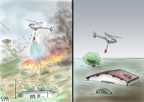 Cartoon: Globale Wetterkapriolen (medium) by Ago tagged unwetter,extreme,naturkatastrophen,hochwasser,starkregen,flut,hitzewellen,dürre,brände,global,erderwärmung,klimawandel,häufung,regelmäßig,löschwasser,hubschrauber,land,unter,wasser,politik,caricature,karikatur,cartoon,pressezeichnung,illustration,tale,agostino,natale,unwetter,extreme,naturkatastrophen,hochwasser,starkregen,flut,hitzewellen,dürre,brände,global,erderwärmung,klimawandel,häufung,regelmäßig,löschwasser,hubschrauber,land,unter,wasser,politik,caricature,karikatur,cartoon,pressezeichnung,illustration,tale,agostino,natale