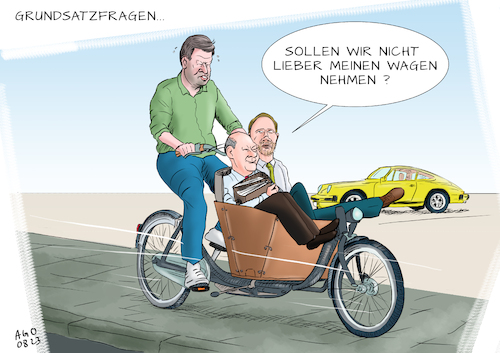 Cartoon: Grundsatzfragen (medium) by Ago tagged bundesregierung,ampel,koalition,spd,grüne,fdp,scholz,habeck,lindner,unterschiede,differenzen,prioritäten,parteiprogramme,schwierige,zusammenarbeit,kompromisse,verbiegen,klimapolitik,wirtschaft,lastenfahrrad,porsche,akten,politik,caricature,karikatur,cartoon,pressezeichnung,illustration,ago,agostino,natale,bundesregierung,ampel,koalition,spd,grüne,fdp,scholz,habeck,lindner,unterschiede,differenzen,prioritäten,parteiprogramme,schwierige,zusammenarbeit,kompromisse,verbiegen,klimapolitik,wirtschaft,lastenfahrrad,porsche,akten,politik,caricature,karikatur,cartoon,pressezeichnung,illustration,ago,agostino,natale