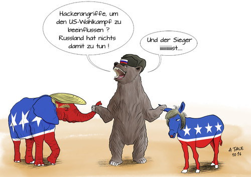 Cartoon: Hackerangriff USA Wahlkampf (medium) by Ago tagged usa,wahlkampf,wahl,präsident,2016,republikaner,demokraten,kandidaten,hillary,clinton,donald,trump,hackerangriffe,hacken,emails,veröffentlichungen,schädigen,cyberkriminalität,vorwürfe,russland,einflussnahme,beeinflussen,bär,symbol,elefant,esel,politik,karikatur,cartoon,illustration,usa,wahlkampf,wahl,präsident,2016,republikaner,demokraten,kandidaten,hillary,clinton,donald,trump,hackerangriffe,hacken,emails,veröffentlichungen,schädigen,cyberkriminalität,vorwürfe,russland,einflussnahme,beeinflussen,bär,symbol,elefant,esel,politik,karikatur,cartoon,illustration