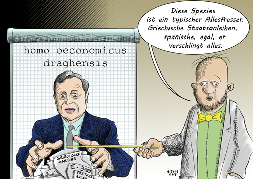 Cartoon: homo oeconomicus draghensis (medium) by Ago tagged ezb,europäische,finanzbank,präsident,mario,draghi,anleihekäufe,staatsanleihen,wertpapiere,massive,ankäufe,eurozone,ankaufprogramm,geldschwemme,geldmenge,regulieren,gegenmittel,deflation,ramschpapiere,risiko,kritik,griechenland,krisenländer,wirtschaft,ankurbeln,wachstum,quantitative,easing,qe,schautafel,professor,cartoon,karikatur,illustration,ezb,europäische,finanzbank,präsident,mario,draghi,anleihekäufe,staatsanleihen,wertpapiere,massive,ankäufe,eurozone,ankaufprogramm,geldschwemme,geldmenge,regulieren,gegenmittel,deflation,ramschpapiere,risiko,kritik,griechenland,krisenländer,wirtschaft,ankurbeln,wachstum,quantitative,easing,qe,schautafel,professor,cartoon,karikatur,illustration