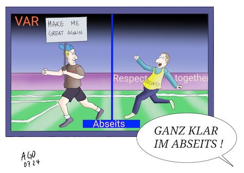 Cartoon: Im Abseits (medium) by Ago tagged eu,europa,rechtsruck,frankreich,deutschland,afd,populisten,rechtsextremismus,einfache,antworten,demokratiefeindlich,fußball,em,var,abseits,videobeweis,flitzer,spielfeld,sport,politik,caricature,karikatur,cartoon,pressezeichnung,illustration,ago,agostino,natale,eu,europa,rechtsruck,frankreich,deutschland,afd,populisten,rechtsextremismus,einfache,antworten,demokratiefeindlich,fußball,em,var,abseits,videobeweis,flitzer,spielfeld,sport,politik,caricature,karikatur,cartoon,pressezeichnung,illustration,ago,agostino,natale