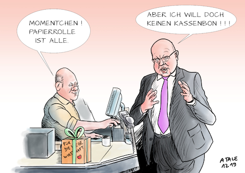 Cartoon: Kassenbonpflicht (medium) by Ago tagged kassenbon,pflicht,groko,cdu,spd,streit,finanzminister,scholz,wirtschaftsminister,altmaier,kritik,maßnahme,steuerhinterziehung,betrug,einzelhandel,belastung,mehraufwand,verschwendung,papier,kontroverse,bürokratie,wirtschaft,politik,karikatur,cartoon,pressezeichnung,illustration,tale,agostino,natale,kassenbon,pflicht,groko,cdu,spd,streit,finanzminister,scholz,wirtschaftsminister,altmaier,kritik,maßnahme,steuerhinterziehung,betrug,einzelhandel,belastung,mehraufwand,verschwendung,papier,kontroverse,bürokratie,wirtschaft,politik,karikatur,cartoon,pressezeichnung,illustration,tale,agostino,natale