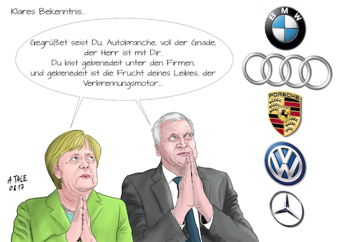 Cartoon: Klares Bekenntnis (medium) by Ago tagged horst,seehofer,angela,merkel,cdu,csu,wahlkampf,bekenntnis,festhalten,verbrennungsmotor,bedingung,koalitionsvertrag,diesel,benziner,autobranche,auto,kfz,industrie,wirtschaft,macht,mangelnde,distanz,brückentechnologie,blockade,innovation,zukunft,alternative,antriebe,motoren,abgas,skandal,betrug,konsequenzen,stickoxide,feinstaub,umwelt,umweltschutz,automarken,logo,kreuz,symbol,anbeten,ave,maria,religion,politik,karikatur,cartoon,illustration,tale,agostino,natale,horst,seehofer,angela,merkel,cdu,csu,wahlkampf,bekenntnis,festhalten,verbrennungsmotor,bedingung,koalitionsvertrag,diesel,benziner,autobranche,auto,kfz,industrie,wirtschaft,macht,mangelnde,distanz,brückentechnologie,blockade,innovation,zukunft,alternative,antriebe,motoren,abgas,skandal,betrug,konsequenzen,stickoxide,feinstaub,umwelt,umweltschutz,automarken,logo,kreuz,symbol,anbeten,ave,maria,religion,politik,karikatur,cartoon,illustration,tale,agostino,natale