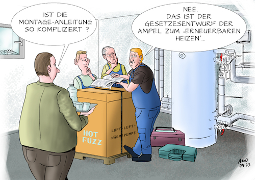 Cartoon: Komplizierte Wärmewende (medium) by Ago tagged bundesregierung,ampel,spd,grüne,fdp,klimapolitik,wärmewende,heizungsstreit,kompromiss,entwurf,erneuerbares,heizen,gebäudeenergiegesetz,abkehr,fossile,brennstoffe,ausnahmen,sonderregelungen,kompliziert,kritik,unklarheiten,kosten,belastung,verbraucher,keller,heizungsanlage,handwerker,wirtschaft,politik,caricature,karikatur,cartoon,pressezeichnung,illustration,ago,agostino,natale,bundesregierung,ampel,spd,grüne,fdp,klimapolitik,wärmewende,heizungsstreit,kompromiss,entwurf,erneuerbares,heizen,gebäudeenergiegesetz,abkehr,fossile,brennstoffe,ausnahmen,sonderregelungen,kompliziert,kritik,unklarheiten,kosten,belastung,verbraucher,keller,heizungsanlage,handwerker,wirtschaft,politik,caricature,karikatur,cartoon,pressezeichnung,illustration,ago,agostino,natale