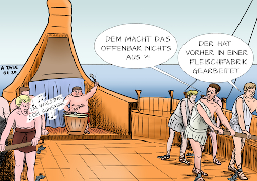 Cartoon: Lieber die Galeere (medium) by Ago tagged fleischfabrik,gütersloh,hotspot,masseninfektion,massentests,coronavirus,lungenkrankheit,infektion,pandemie,weltweit,covid,neunzehn,einschränkungen,abstand,halten,mundschutz,lokaler,lockdown,wirtschaft,fleischverarbeitung,dumping,schlechte,arbeitsbedingungen,mangelnde,hygiene,kontrolle,ausbeutung,moderne,sklaverei,leiharbeiter,nachunternehmer,ausnutzung,armut,osteuropa,beengte,verhältnisse,menschenunwürdig,galeere,politik,caricature,karikatur,cartoon,pressezeichnung,illustration,tale,agostino,natale,fleischfabrik,gütersloh,hotspot,masseninfektion,massentests,coronavirus,lungenkrankheit,infektion,pandemie,weltweit,covid,neunzehn,einschränkungen,abstand,halten,mundschutz,lokaler,lockdown,wirtschaft,fleischverarbeitung,dumping,schlechte,arbeitsbedingungen,mangelnde,hygiene,kontrolle,ausbeutung,moderne,sklaverei,leiharbeiter,nachunternehmer,ausnutzung,armut,osteuropa,beengte,verhältnisse,menschenunwürdig,galeere,politik,caricature,karikatur,cartoon,pressezeichnung,illustration,tale,agostino,natale