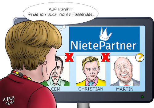 Cartoon: Merkel auf NietePartner.de (medium) by Ago tagged bundestagswahl,2017,regierungsbildung,sondierungsgespraeche,schwierige,verhandlungen,koalitionsbildung,spd,grosse,koalition,unentschlossen,zweite,wahl,martin,schulz,angela,merkel,parteien,jamaika,geplatzt,schwarz,gelb,gruen,cdu,csu,fdp,buendnis,90,die,gruenen,christian,lindner,cem,özdemir,neuwahlen,minderheitsregierung,unterschiedliche,positionen,werte,forderungen,kompromisse,streitpunkte,partnervermitlung,online,dating,portal,politik,karikatur,cartoon,pressezeichnung,illustration,tale,agostino,natale,bundestagswahl,2017,regierungsbildung,sondierungsgespraeche,schwierige,verhandlungen,koalitionsbildung,spd,grosse,koalition,unentschlossen,zweite,wahl,martin,schulz,angela,merkel,parteien,jamaika,geplatzt,schwarz,gelb,gruen,cdu,csu,fdp,buendnis,90,die,gruenen,christian,lindner,cem,özdemir,neuwahlen,minderheitsregierung,unterschiedliche,positionen,werte,forderungen,kompromisse,streitpunkte,partnervermitlung,online,dating,portal,politik,karikatur,cartoon,pressezeichnung,illustration,tale,agostino,natale