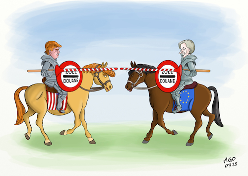 Cartoon: Mittelalterliche Muskelspiele (medium) by Ago tagged präsident,donald,trump,usa,eu,treffen,verhandlungen,schottland,von,der,leyen,europäische,kommission,präsidentin,handelskrieg,global,strafzölle,gegenzölle,zurücknahme,wiedereinführung,ultimatum,showdown,schwächung,wirtschaft,protektionismus,populismus,mittelalter,ritterkämpfe,lanze,schlagbaum,politik,caricature,karikatur,cartoon,pressezeichnung,illustration,ago,agostino,natale,präsident,donald,trump,usa,eu,treffen,verhandlungen,schottland,von,der,leyen,europäische,kommission,präsidentin,handelskrieg,global,strafzölle,gegenzölle,zurücknahme,wiedereinführung,ultimatum,showdown,schwächung,wirtschaft,protektionismus,populismus,mittelalter,ritterkämpfe,lanze,schlagbaum,politik,caricature,karikatur,cartoon,pressezeichnung,illustration,ago,agostino,natale