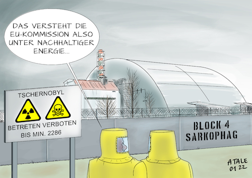 Cartoon: Nachhaltig (medium) by Ago tagged eu,kommission,pläne,einstufung,erdgas,atomkraft,grüne,energie,nachhaltig,greenwashing,taxonomie,übergangstechnologie,befürworter,frankreich,widerstand,deutschland,österreich,klimaschutz,umweltpolitik,ökologie,etikettenschwindel,wirtschaftsminister,habeck,die,grünen,tschernobyl,ukraine,havarie,1986,ruine,atomkraftwerk,strahlung,halbwertszeit,politik,caricature,karikatur,cartoon,pressezeichnung,illustration,tale,agostino,natale,eu,kommission,pläne,einstufung,erdgas,atomkraft,grüne,energie,nachhaltig,greenwashing,taxonomie,übergangstechnologie,befürworter,frankreich,widerstand,deutschland,österreich,klimaschutz,umweltpolitik,ökologie,etikettenschwindel,wirtschaftsminister,habeck,die,grünen,tschernobyl,ukraine,havarie,1986,ruine,atomkraftwerk,strahlung,halbwertszeit,politik,caricature,karikatur,cartoon,pressezeichnung,illustration,tale,agostino,natale