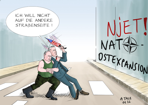 Cartoon: Njet! (medium) by Ago tagged russland,putin,aufmarsch,militär,grenze,ukraine,usa,präsident,joe,biden,eskalation,drohender,krieg,einmarsch,verhandlungen,ergebnislos,nato,erweiterung,osten,einflusssphäre,ehemalige,sowjetunion,sehnsucht,alte,weltmacht,über,straße,helfen,großväterchen,graffiti,politik,caricature,karikatur,cartoon,pressezeichnung,illustration,tale,agostino,natale,russland,putin,aufmarsch,militär,grenze,ukraine,usa,präsident,joe,biden,eskalation,drohender,krieg,einmarsch,verhandlungen,ergebnislos,nato,erweiterung,osten,einflusssphäre,ehemalige,sowjetunion,sehnsucht,alte,weltmacht,über,straße,helfen,großväterchen,graffiti,politik,caricature,karikatur,cartoon,pressezeichnung,illustration,tale,agostino,natale