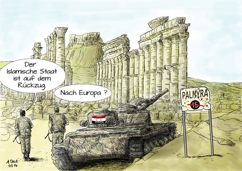 Cartoon: Palmyra befreit (medium) by Ago tagged palmyra,antike,staette,syrien,buergerkrieg,krieg,belagerte,staedte,is,islamischer,staat,terrormiliz,befreit,ruinen,weltkulturerbe,unesco,verbrannte,erde,kaempfe,rueckzug,rache,europa,terrorismus,anschlaege,rebellen,vertreibung,flucht,fluechtlinge,panzer,soldaten,politik,karikatur,cartoon,palmyra,antike,staette,syrien,buergerkrieg,krieg,belagerte,staedte,is,islamischer,staat,terrormiliz,befreit,ruinen,weltkulturerbe,unesco,verbrannte,erde,kaempfe,rueckzug,rache,europa,terrorismus,anschlaege,rebellen,vertreibung,flucht,fluechtlinge,panzer,soldaten,politik,karikatur,cartoon