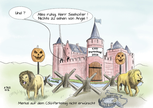 Cartoon: Persona non grata (medium) by Ago tagged angela,merkel,horst,seehofer,cdu,csu,parteitag,2016,nicht,eingeladen,einladung,gast,teilnahme,schwesterparteien,kanzlerin,regierung,bayern,ministerpräsident,differenzen,streit,konflikt,flüchtlingspolitik,flüchtlinge,asyl,obergrenzen,löwen,sperren,burg,kürbis,halloween,abschreckung,politik,karikatur,cartoon,illustration,tale,angela,merkel,horst,seehofer,cdu,csu,parteitag,2016,nicht,eingeladen,einladung,gast,teilnahme,schwesterparteien,kanzlerin,regierung,bayern,ministerpräsident,differenzen,streit,konflikt,flüchtlingspolitik,flüchtlinge,asyl,obergrenzen,löwen,sperren,burg,kürbis,halloween,abschreckung,politik,karikatur,cartoon,illustration,tale