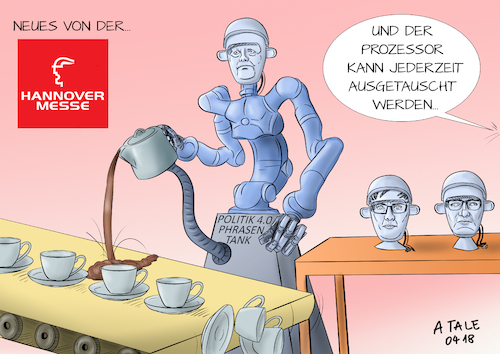 Cartoon: Politik 4.0 Hannover Messe (medium) by Ago tagged hannover,messe,2018,industrie,technik,besuch,angela,merkel,roboter,ki,robotik,künstliche,intelligenz,zukunft,innovation,arbeitsplätze,verdrängung,austauschbarkeit,politiker,phrasen,nachfolge,kramp,karrenbauer,spahn,cdu,fließband,feinmotorik,wirtschaft,politik,karikatur,cartoon,pressezeichnung,illustration,tale,agostino,natale,hannover,messe,2018,industrie,technik,besuch,angela,merkel,roboter,ki,robotik,künstliche,intelligenz,zukunft,innovation,arbeitsplätze,verdrängung,austauschbarkeit,politiker,phrasen,nachfolge,kramp,karrenbauer,spahn,cdu,fließband,feinmotorik,wirtschaft,politik,karikatur,cartoon,pressezeichnung,illustration,tale,agostino,natale