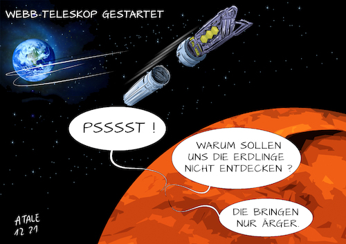 Cartoon: Psssst! (medium) by Ago tagged weltraumteleskop,james,webb,nasa,esa,nachfolger,hubble,teleskop,start,mission,erkundung,weltall,anfänge,universum,galaxien,urknall,erde,planeten,menschen,ärger,streit,außerirdische,verstecken,ruhe,haben,wissenschaft,astronomie,caricature,karikatur,cartoon,pressezeichnung,illustration,tale,agostino,natale,weltraumteleskop,james,webb,nasa,esa,nachfolger,hubble,teleskop,start,mission,erkundung,weltall,anfänge,universum,galaxien,urknall,erde,planeten,menschen,ärger,streit,außerirdische,verstecken,ruhe,haben,wissenschaft,astronomie,caricature,karikatur,cartoon,pressezeichnung,illustration,tale,agostino,natale