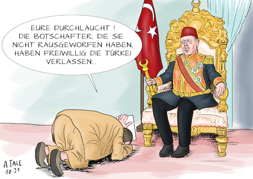 Cartoon: Rausschmeisser Erdogan (medium) by Ago tagged türkei,präsident,recep,tayyip,erdogan,ausweisung,westliche,botschafter,diplomaten,unerwünschte,personen,kritik,inhaftierung,kulturmäzen,osman,kavala,forderung,freilassung,europäischer,gerichtshof,für,menschenrechte,autokratie,rückfall,despotismus,eskalation,konfrontation,nato,partner,kotau,thron,sultan,herrscherallüren,politik,caricature,karikatur,cartoon,pressezeichnung,illustration,tale,agostino,natale,türkei,präsident,recep,tayyip,erdogan,ausweisung,westliche,botschafter,diplomaten,unerwünschte,personen,kritik,inhaftierung,kulturmäzen,osman,kavala,forderung,freilassung,europäischer,gerichtshof,für,menschenrechte,autokratie,rückfall,despotismus,eskalation,konfrontation,nato,partner,kotau,thron,sultan,herrscherallüren,politik,caricature,karikatur,cartoon,pressezeichnung,illustration,tale,agostino,natale