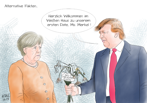 Cartoon: Rendezvous in Washington (medium) by Ago tagged angela,merkel,antrittsbesuch,donald,trump,bundeskanzlerin,usa,praesident,amerika,washington,weisses,haus,treffen,reise,gespraeche,kennenlernen,verstimmungen,unterschiedliche,auffassungen,populist,vereinfacher,extrem,ressentiments,alternative,fakten,verdrehung,wahrheit,luegen,date,parodie,rote,rosen,verwelkte,blumen,politik,karikatur,cartoon,illustration,tale,agostino,natale,angela,merkel,antrittsbesuch,donald,trump,bundeskanzlerin,usa,praesident,amerika,washington,weisses,haus,treffen,reise,gespraeche,kennenlernen,verstimmungen,unterschiedliche,auffassungen,populist,vereinfacher,extrem,ressentiments,alternative,fakten,verdrehung,wahrheit,luegen,date,parodie,rote,rosen,verwelkte,blumen,politik,karikatur,cartoon,illustration,tale,agostino,natale