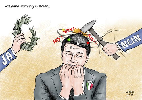 Cartoon: Renzi hat fertig (medium) by Ago tagged matteo,renzi,ministerpraesident,italien,volksabstimmung,verloren,niederlage,ankuendigung,ruecktritt,regierungskrise,neuwahlen,vierter,dezember,2016,referendum,reformen,verfassung,verfassungsaenderung,aenderung,senat,wahl,entscheidung,zukunft,regierung,krise,schicksal,pd,regierungspartei,kritiker,opposition,nein,lager,auswirkung,eu,europa,lorbeerkranz,hammer,politik,karikatur,cartoon,illustration,tale,agostino,natale,matteo,renzi,ministerpraesident,italien,volksabstimmung,verloren,niederlage,ankuendigung,ruecktritt,regierungskrise,neuwahlen,vierter,dezember,2016,referendum,reformen,verfassung,verfassungsaenderung,aenderung,senat,wahl,entscheidung,zukunft,regierung,krise,schicksal,pd,regierungspartei,kritiker,opposition,nein,lager,auswirkung,eu,europa,lorbeerkranz,hammer,politik,karikatur,cartoon,illustration,tale,agostino,natale