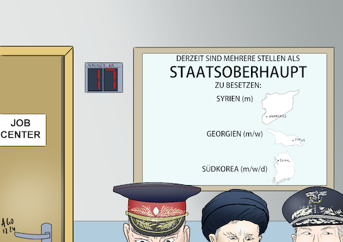 Cartoon: Schwierige Stellenvermittlung (medium) by Ago tagged syrien,nahost,georgien,ehemalige,sowjetunion,südkorea,krisen,umstürze,staatspräsidenten,enthebung,nachfolge,demonstrationen,zukunft,aussichten,militär,kriegsrecht,islamismus,job,center,stellenvermittlung,generäle,politik,caricature,karikatur,cartoon,pressezeichnung,illustration,ago,agostino,natale,syrien,nahost,georgien,ehemalige,sowjetunion,südkorea,krisen,umstürze,staatspräsidenten,enthebung,nachfolge,demonstrationen,zukunft,aussichten,militär,kriegsrecht,islamismus,job,center,stellenvermittlung,generäle,politik,caricature,karikatur,cartoon,pressezeichnung,illustration,ago,agostino,natale