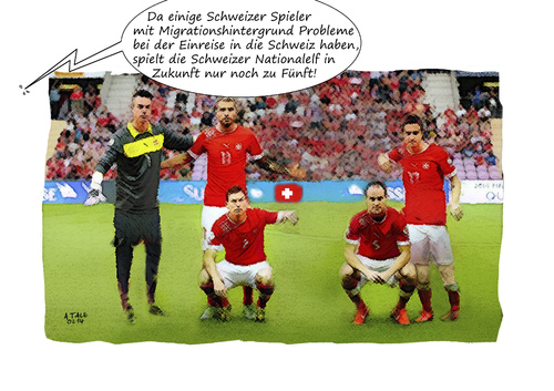 Cartoon: Splendid isolation (medium) by Ago tagged spieler,nationalmannschaft,fussball,wirtschaft,konflikt,freizügigkeit,ausländerfeindlichkeit,zuwanderung,ausländer,zuzug,quotekontingent,bürger,eu,einwanderung,abstimmung,beschränkung,volksabstimmung,migration,schweiz,schweiz,migration,volksabstimmung,beschränkung,abstimmung,einwanderung,eu,bürger,quotekontingent,zuzug,ausländer,zuwanderung,ausländerfeindlichkeit,freizügigkeit,konflikt,wirtschaft,fussball,nationalmannschaft,spieler