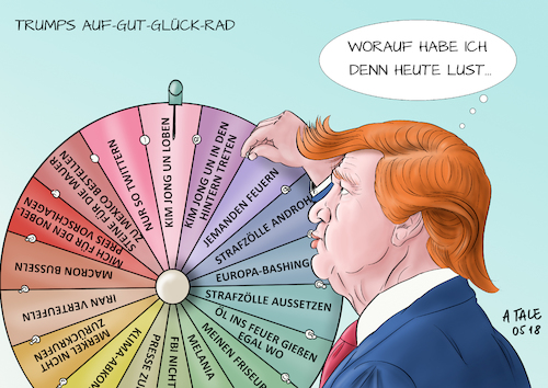 Cartoon: Trump entscheidet sich (medium) by Ago tagged donald,trump,präsident,usa,affront,unberechenbarkeit,meinungsänderungen,verlässlichkeit,treffen,gipfel,nordkorea,kim,jong,un,austritte,kündigungen,verträge,strafzölle,konfrontation,glücksrad,zufall,beliebigkeit,politik,karikatur,cartoon,pressezeichnung,illustration,tale,agostino,natale,donald,trump,präsident,usa,affront,unberechenbarkeit,meinungsänderungen,verlässlichkeit,treffen,gipfel,nordkorea,kim,jong,un,austritte,kündigungen,verträge,strafzölle,konfrontation,glücksrad,zufall,beliebigkeit,politik,karikatur,cartoon,pressezeichnung,illustration,tale,agostino,natale