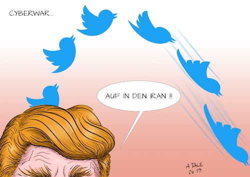 Cartoon: Trumps Vergeltungsschlag (medium) by Ago tagged usa,iran,konflikt,trump,präsident,cyberattacke,eskalation,abschuss,drohne,vergeltung,golf,von,oman,angriffe,tanker,schuldzuweisungen,verdacht,iranische,nationalgarde,schwelender,streit,verschärfung,us,regierung,ausstieg,atomabkommen,wirtschaftssanktionen,machtkampf,vorherrschaft,naher,osten,abhängigkeit,digitale,schädigung,twitter,vogel,sturzflug,politik,karikatur,cartoon,pressezeichnung,illustration,tale,agostino,natale,usa,iran,konflikt,trump,präsident,cyberattacke,eskalation,abschuss,drohne,vergeltung,golf,von,oman,angriffe,tanker,schuldzuweisungen,verdacht,iranische,nationalgarde,schwelender,streit,verschärfung,us,regierung,ausstieg,atomabkommen,wirtschaftssanktionen,machtkampf,vorherrschaft,naher,osten,abhängigkeit,digitale,schädigung,twitter,vogel,sturzflug,politik,karikatur,cartoon,pressezeichnung,illustration,tale,agostino,natale