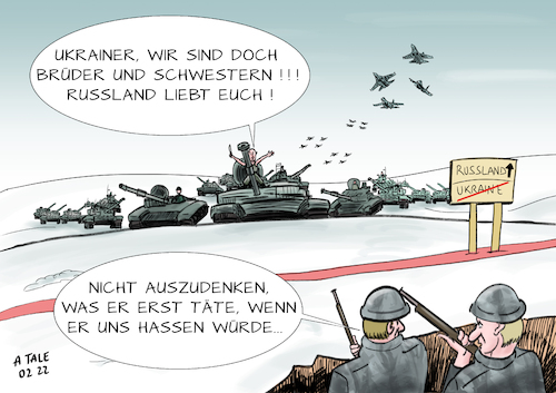 Cartoon: Unerwiderte Liebe (medium) by Ago tagged russland,putin,präsident,aufmarsch,militär,grenze,ukraine,usa,nato,europa,eskalation,drohender,krieg,invasion,erweiterung,osten,einflusssphäre,ehemalige,sowjetunion,sehnsucht,alte,weltmacht,ideologie,historische,zugehörigkeit,verwandtschaft,völker,panzer,kampfjets,soldaten,schützengraben,galgenhumor,politik,caricature,karikatur,cartoon,pressezeichnung,illustration,tale,agostino,natale,russland,putin,präsident,aufmarsch,militär,grenze,ukraine,usa,nato,europa,eskalation,drohender,krieg,invasion,erweiterung,osten,einflusssphäre,ehemalige,sowjetunion,sehnsucht,alte,weltmacht,ideologie,historische,zugehörigkeit,verwandtschaft,völker,panzer,kampfjets,soldaten,schützengraben,galgenhumor,politik,caricature,karikatur,cartoon,pressezeichnung,illustration,tale,agostino,natale