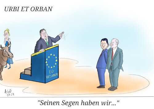 Cartoon: Urbi et Orban (medium) by Ago tagged eu,europa,ratsvorsitz,ungarn,viktor,orban,auslandsreisen,russland,china,putin,xi,jinping,affront,eigenmächtig,irritation,ohne,auftrag,inszenierung,vermittler,friedensmission,status,quo,kapitulation,ukraine,politik,caricature,karikatur,cartoon,pressezeichnung,illustration,ago,agostino,natale,eu,europa,ratsvorsitz,ungarn,viktor,orban,auslandsreisen,russland,china,putin,xi,jinping,affront,eigenmächtig,irritation,ohne,auftrag,inszenierung,vermittler,friedensmission,status,quo,kapitulation,ukraine,politik,caricature,karikatur,cartoon,pressezeichnung,illustration,ago,agostino,natale