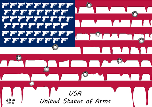 Cartoon: Verein. Staaten der Waffennarren (medium) by Ago tagged united,states,of,arms,usa,vereinigte,staaten,amerika,waffen,waffengesetze,waffenlobby,nro,national,rifle,organisation,lobby,missbrauch,laxe,kontrolle,gefahr,tote,morde,anschläge,dallas,orlando,gewehre,pistolen,handfeuerwaffen,besitz,einfach,geschichte,gesellschaft,flagge,fahne,stares,and,stripes,blut,einschusslöcher,politik,karikatur,cartoon,united,states,of,arms,usa,vereinigte,staaten,amerika,waffen,waffengesetze,waffenlobby,nro,national,rifle,organisation,lobby,missbrauch,laxe,kontrolle,gefahr,tote,morde,anschläge,dallas,orlando,gewehre,pistolen,handfeuerwaffen,besitz,einfach,geschichte,gesellschaft,flagge,fahne,stares,and,stripes,blut,einschusslöcher,politik,karikatur,cartoon