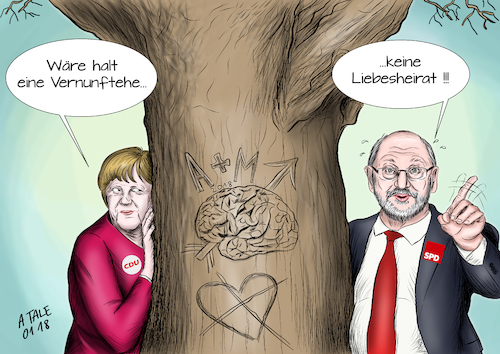 Cartoon: Vernunftehe (medium) by Ago tagged bundestagswahl,2017,angela,merkel,martin,schulz,regierungsbildung,sondierungsgespraeche,schwierige,verhandlungen,aufnahme,koalitionsgespräche,cdu,csu,spd,grosse,koalition,unentschlossen,unterschiedliche,positionen,werte,forderungen,kompromisse,streitpunkte,groko,parteibasis,zustimmung,unsicher,baum,vernunftehe,liebe,symbole,eingeritzt,herz,gehirn,politik,karikatur,cartoon,pressezeichnung,illustration,tale,agostino,natale,bundestagswahl,2017,angela,merkel,martin,schulz,regierungsbildung,sondierungsgespraeche,schwierige,verhandlungen,aufnahme,koalitionsgespräche,cdu,csu,spd,grosse,koalition,unentschlossen,unterschiedliche,positionen,werte,forderungen,kompromisse,streitpunkte,groko,parteibasis,zustimmung,unsicher,baum,vernunftehe,liebe,symbole,eingeritzt,herz,gehirn,politik,karikatur,cartoon,pressezeichnung,illustration,tale,agostino,natale