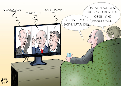 Cartoon: Von Schlümpfen und Mimosen (medium) by Ago tagged bundestag,debatte,haushalt,regierung,kanzler,scholz,spd,opposition,cdu,csu,merz,söder,schlagabtausch,kritik,persönlich,vorwürfe,debattenkultur,kommunikationsstil,demokratiegegner,scheinargument,mangelnde,volksnähe,realitätsferne,abgehobenheit,fernseher,paar,sofa,politik,caricature,karikatur,cartoon,pressezeichnung,illustration,ago,agostino,natale,bundestag,debatte,haushalt,regierung,kanzler,scholz,spd,opposition,cdu,csu,merz,söder,schlagabtausch,kritik,persönlich,vorwürfe,debattenkultur,kommunikationsstil,demokratiegegner,scheinargument,mangelnde,volksnähe,realitätsferne,abgehobenheit,fernseher,paar,sofa,politik,caricature,karikatur,cartoon,pressezeichnung,illustration,ago,agostino,natale