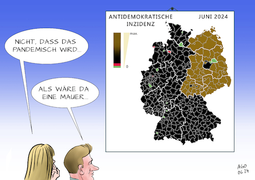 Cartoon: Zweigeteilt (medium) by Ago tagged europäische,union,eu,parlament,wahl,2024,wahlergebnis,deutschland,zweiteilung,spaltung,westen,traditionelle,parteien,cdu,spd,grüne,osten,ehemalige,ddr,afd,stärkste,partei,rechtsruck,gewinne,populisten,extremismus,fremdenfeindlichkeit,demokratie,toleranz,liberalismus,schautafel,wahlsieger,bezirke,politik,caricature,karikatur,cartoon,pressezeichnung,illustration,ago,agostino,natale,europäische,union,eu,parlament,wahl,2024,wahlergebnis,deutschland,zweiteilung,spaltung,westen,traditionelle,parteien,cdu,spd,grüne,osten,ehemalige,ddr,afd,stärkste,partei,rechtsruck,gewinne,populisten,extremismus,fremdenfeindlichkeit,demokratie,toleranz,liberalismus,schautafel,wahlsieger,bezirke,politik,caricature,karikatur,cartoon,pressezeichnung,illustration,ago,agostino,natale