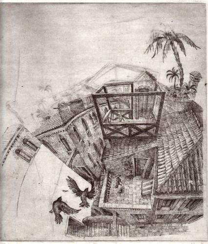 Cartoon: altana (medium) by matteo bertelli tagged etching,,kupferstich,architektur,stadt,häuser,vogelperspektive,vögel,dächer,phantastisch,fantastisch