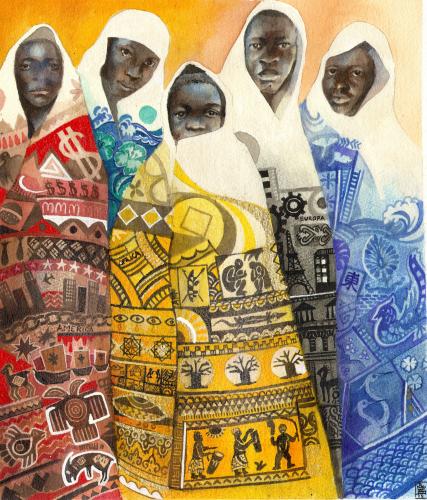 Cartoon: five continents (medium) by matteo bertelli tagged continents,africa,fünf,kontinente,illustration,afrika,umhang,kleidung,stil,geometrisch,mythologisch,muster,figuren,dekor,dekoration,stoff,malerei,kultur,kunst,bedruckt,klamotten,anziehsachen,philosophie