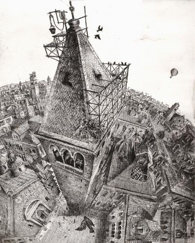 Cartoon: flying free (medium) by matteo bertelli tagged etching,,kupferstich,illustration,architektur,vogelperspektive,perspektive,bauarbeiten,dach,ausbesserung,stadt,häuser,turm