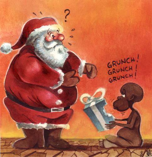 Cartoon: misunderstanding (medium) by matteo bertelli tagged consumerism,christmas,africa,weihnachten,weihnacht,heiligabend,weihnachtsmann,tradition,kultur,geschenke,geschenk,bescherung,afrika,essen,nahrung,lebensmittel,existenz,hunge,armut,arm,entwicklungsland,kinder,kind,verhungern,hungern,werte,ernährung,konsum,konstumgesellschaft,konsument,gier,kaufenhandel,verkauf,shopping,ungerechtigkeit,verteilung,geld,finanzen,wohlstand,entwicklungshilfe