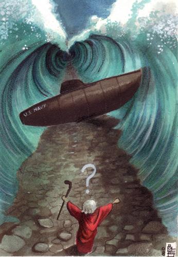 Cartoon: moses 2008 (medium) by matteo bertelli tagged moses,red,sea,illustration,,illustration,moses,testament,2008,rote,meer,usa,navy,uboot,wellen,überqueren,durchschreiten