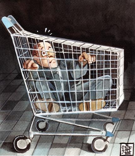 Cartoon: The cage (medium) by matteo bertelli tagged financial,crisis,supermarket,illustration,finanzkrise,wirtschaftskrise,krise,wirtschaft,finanzen,supermarkt,konsum,konsument,handel,verkauf,geld,schulden,pleite,gefängnis,käfig,konsumgesellschaft,kunde,käufer,kaufen,einkaufen