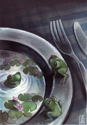 Cartoon: the lake (medium) by matteo bertelli tagged illustration,illustration,gastronomie,essen,lebensmittel,nahrung,vegetarisch,fleisch,frosch,tier,froschschenkel,teich,natur,see,heimat,schicksal,zukunft,teller,restaurant,mittagessen