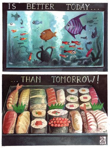 Cartoon: Today (medium) by matteo bertelli tagged sushi,illustration,illustration,japan,fischfang,bedroht,freiheit,aquarium,tierarten,tiere,aussterben,sterben,tod,leben,sushi,fische,fisch,gastronomie,nahrung,philosophie,lebensmittel,kultur,essen,töten,tierart,egoismus