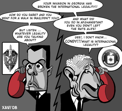 Cartoon: Cold war (medium) by Xavi dibuixant tagged caricature,georgia,medvedev,bush,russia,usa,war,cold,kalter krieg,george bush,georgien,russland,kaukasuskonflikt,kaukasus konflikt,dmitri medwedew,usa,kaukasus,abchasien,konflikt,südossetien,territorium,kalter,krieg,george,bush,dmitri,medwedew