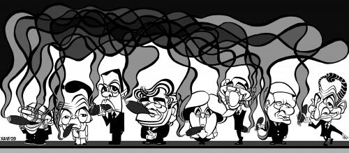 Cartoon: G8 fumes (medium) by Xavi dibuixant tagged g8,summit,fume,sarkozy,harper,obama,merkel,brown,taro,aso,medvedev,berlusconi,karikatur,karikaturen,politiker,sitzung,konferenz,g8,sarkozy,harper,obama,merkel,brown,taro,medvedev,aso,berlusconi