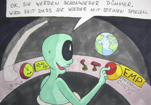 Cartoon: Elektromagnetischer Puls (medium) by gore-g tagged alien,ufo,emp,elektromagnetischer,puls,impuls,spannung,strom,microelektronik,technik,dummheit,menschen