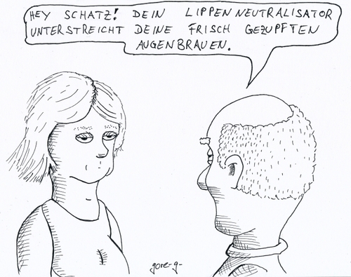 Cartoon: Männerkomplimente (medium) by gore-g tagged mann,frau,kompliment,lippen,lippenstift,lippenneutralisator,schminken,augenbrauen,zupfen,kosmetik