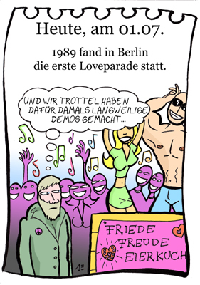 Cartoon: 1. Juli (medium) by chronicartoons tagged loveparade,peace,friede,freude,eierkuchen,techno,trance,party,cartoon
