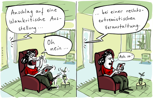 Cartoon: Anschlag (medium) by kittihawk tagged kittihawk,2015,anschlag,islamkritische,ausstellung,usa,rechtsextremistische,veranstaltung,empörung,wohnzimmer,nachrichten,von,draußen,oh,nein,ach,so,kittihawk,2015,anschlag,islamkritische,ausstellung,usa,rechtsextremistische,veranstaltung,empörung,wohnzimmer,nachrichten,von,draußen,oh,nein,ach,so