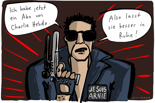 Cartoon: Arnie (medium) by kittihawk tagged kittihawk,2015,attentat,charlie,hebdo,arnie,arnold,schwarzenegger,unterstützung,durch,abonnement,prominente,lasst,sie,besser,in,ruhe,bedrohung,kittihawk,2015,attentat,charlie,hebdo,arnie,arnold,schwarzenegger,unterstützung,durch,abonnement,prominente,lasst,sie,besser,in,ruhe,bedrohung